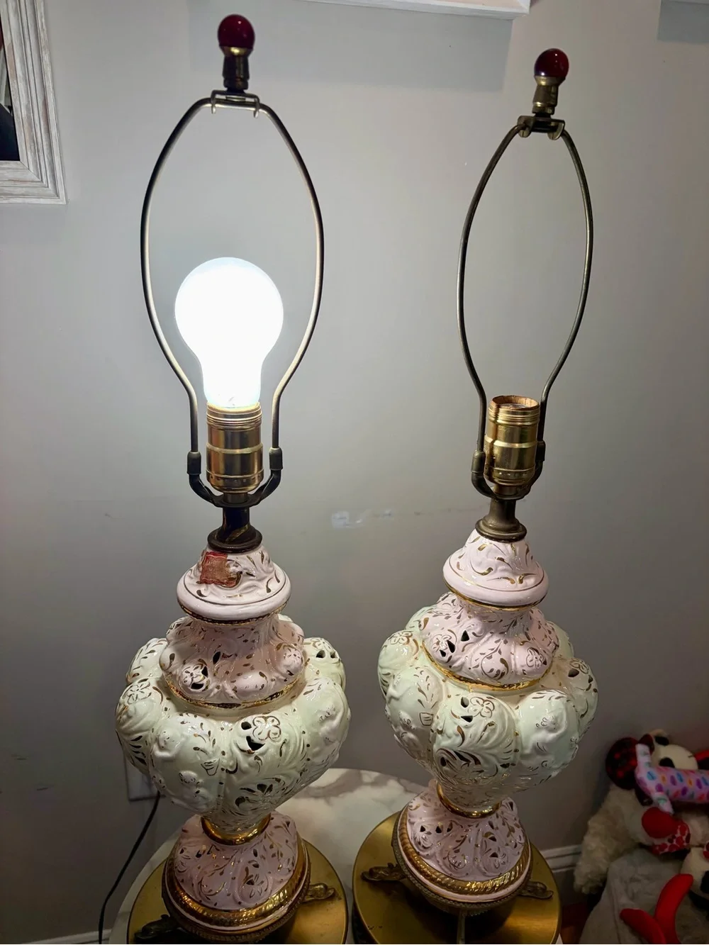 Vintage Capadimante Cherub Pink /Cream Porcelain Table Lamp Pair with koi feet